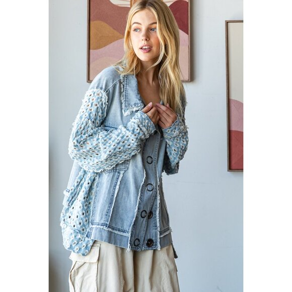 Oli & Hali Washed Contrast Sleeve Denim Button Down Jacket NWOT Size Large - Picture 6 of 9